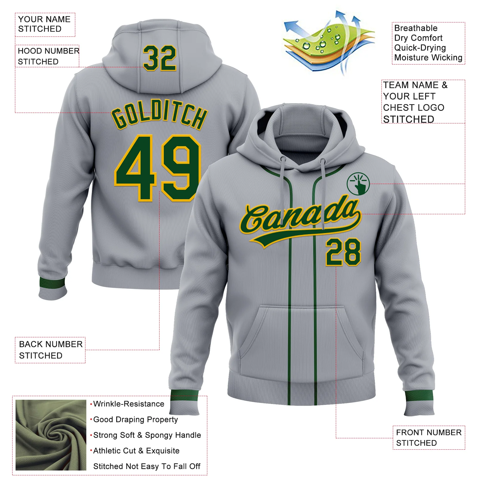 Custom Stitched Gray Green-Gold Baseball Pullover Sweatshirt Hoodie - Image 2