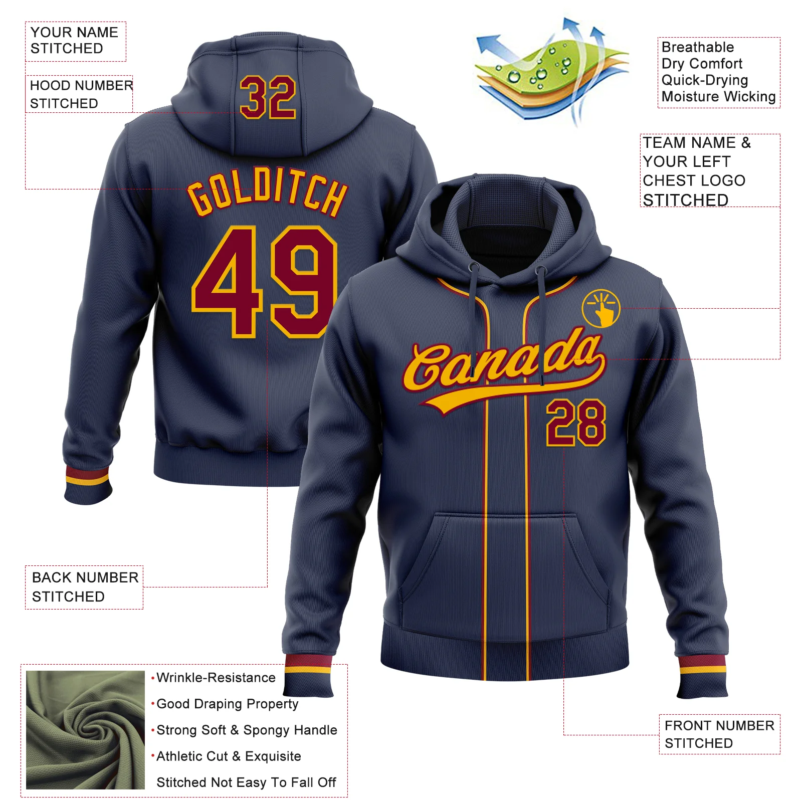 Custom Stitched Navy Maroon-Gold Baseball Pullover Sweatshirt Hoodie - Image 2