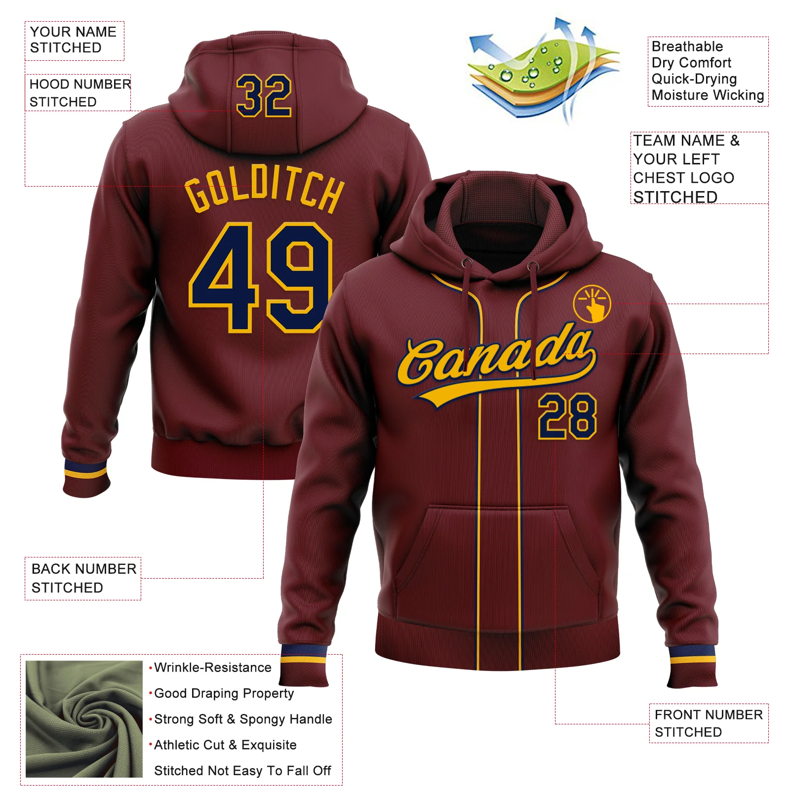Custom Stitched Burgundy Navy-Gold Baseball Pullover Sweatshirt Hoodie - Image 2