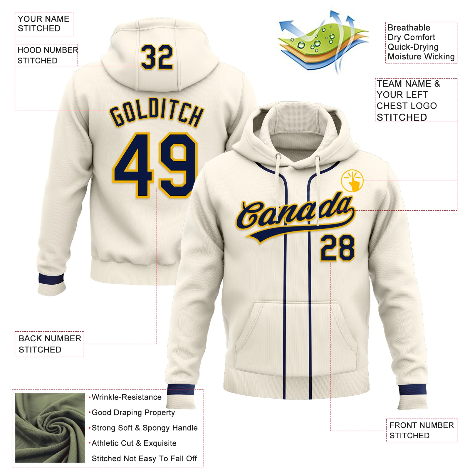 Custom Stitched Cream Navy-Gold Baseball Pullover Sweatshirt Hoodie - Image 2