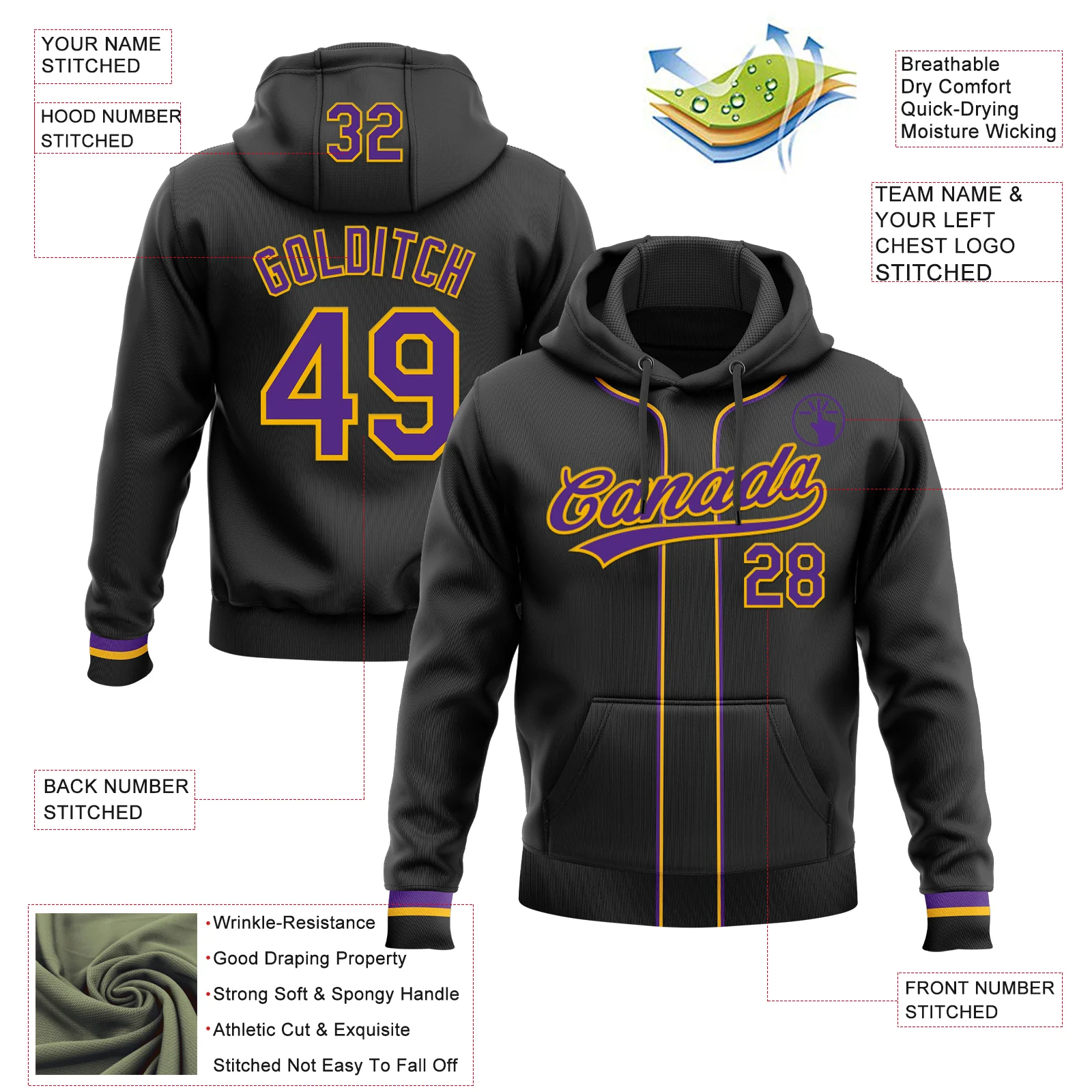 Custom Stitched Black Purple-Gold Baseball Pullover Sweatshirt Hoodie - Image 2
