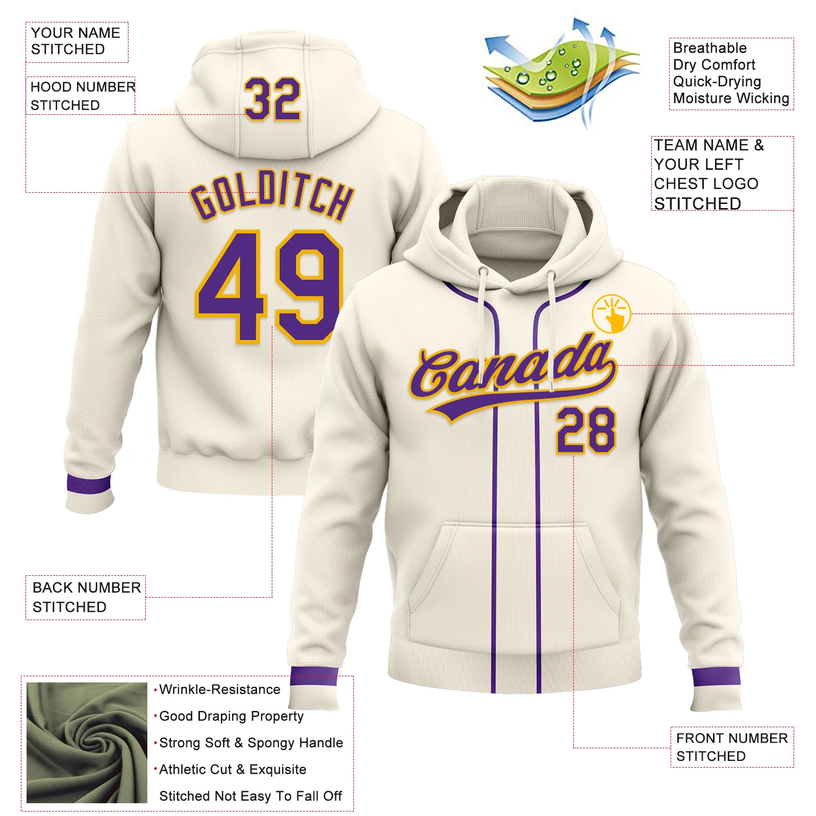 Custom Stitched Cream Purple-Gold Baseball Pullover Sweatshirt Hoodie - Image 2