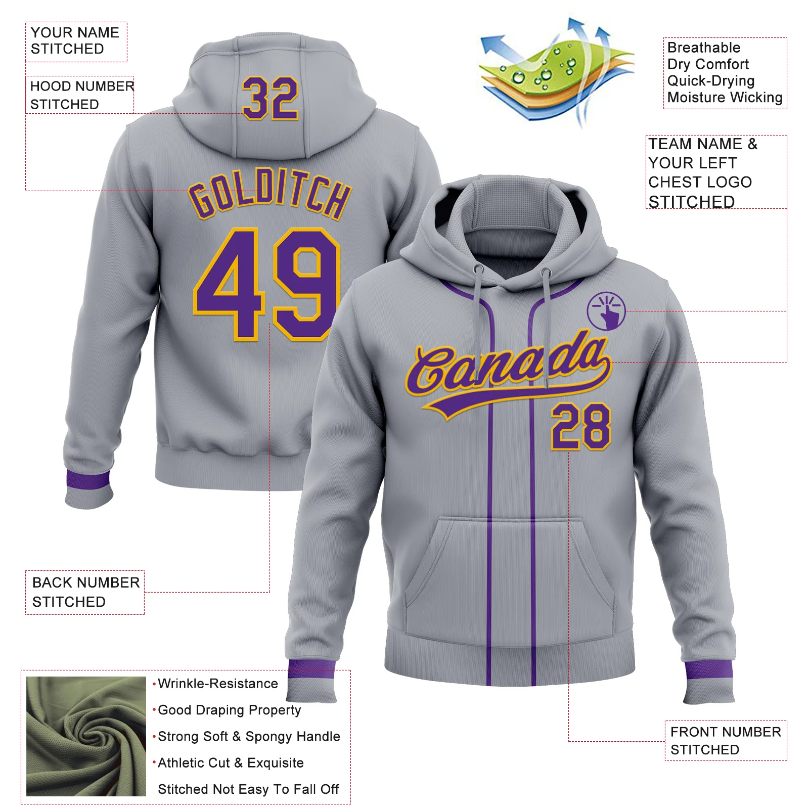 Custom Stitched Gray Purple-Gold Baseball Pullover Sweatshirt Hoodie - Image 2