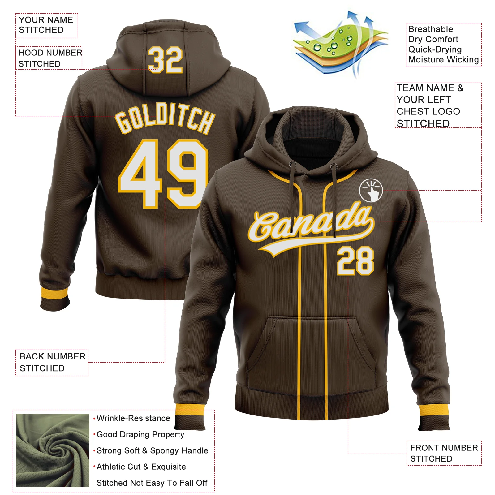 Custom Stitched Brown White-Gold Baseball Pullover Sweatshirt Hoodie - Image 2