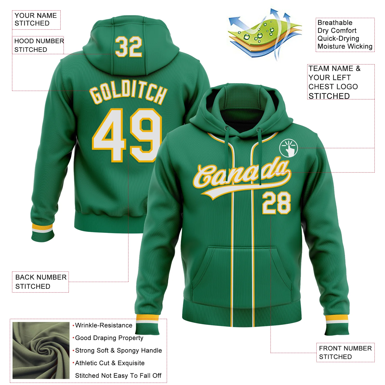 Custom Stitched Kelly Green White-Gold Baseball Pullover Sweatshirt Hoodie - Image 2