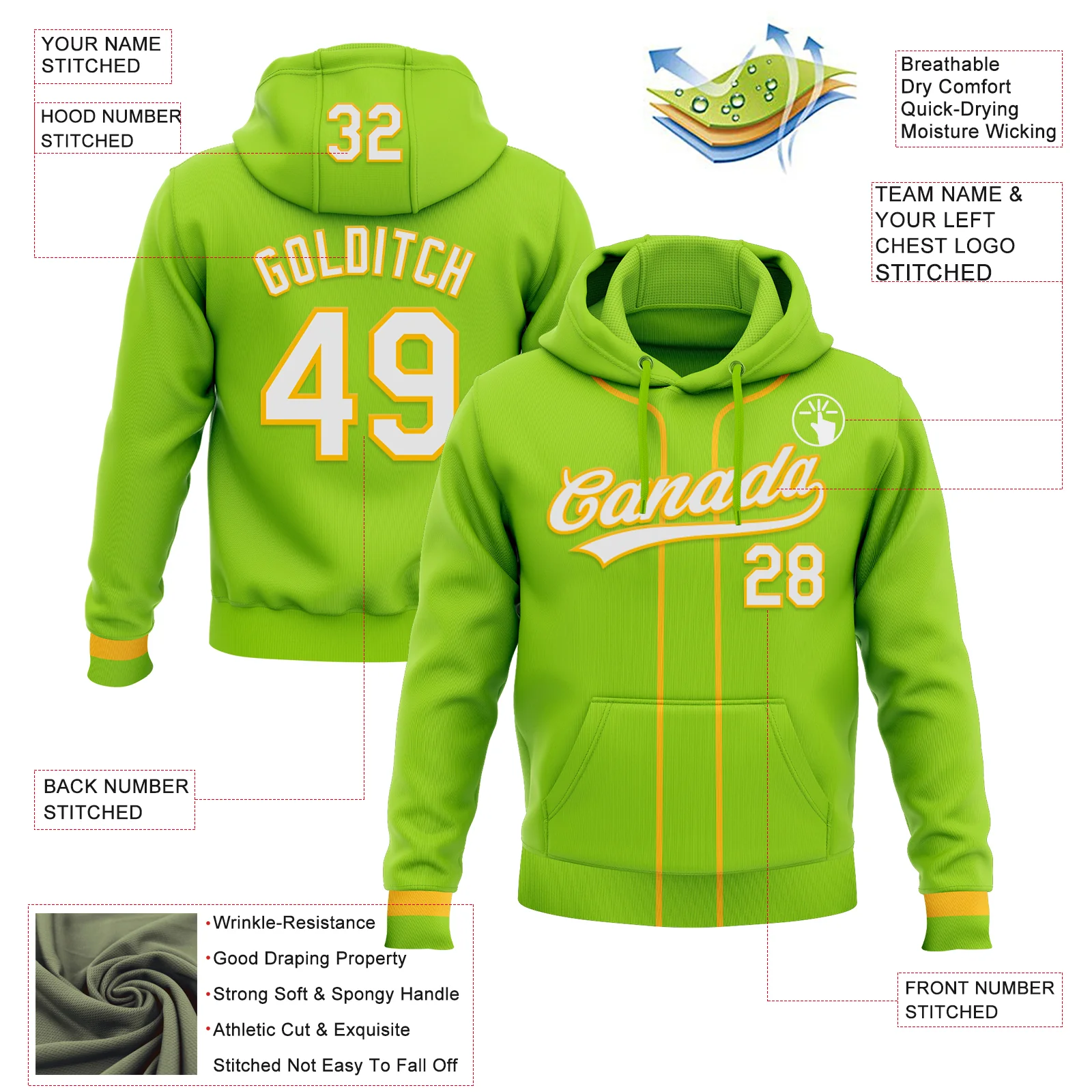 Custom Stitched Neon Green White-Gold Baseball Pullover Sweatshirt Hoodie - Image 2