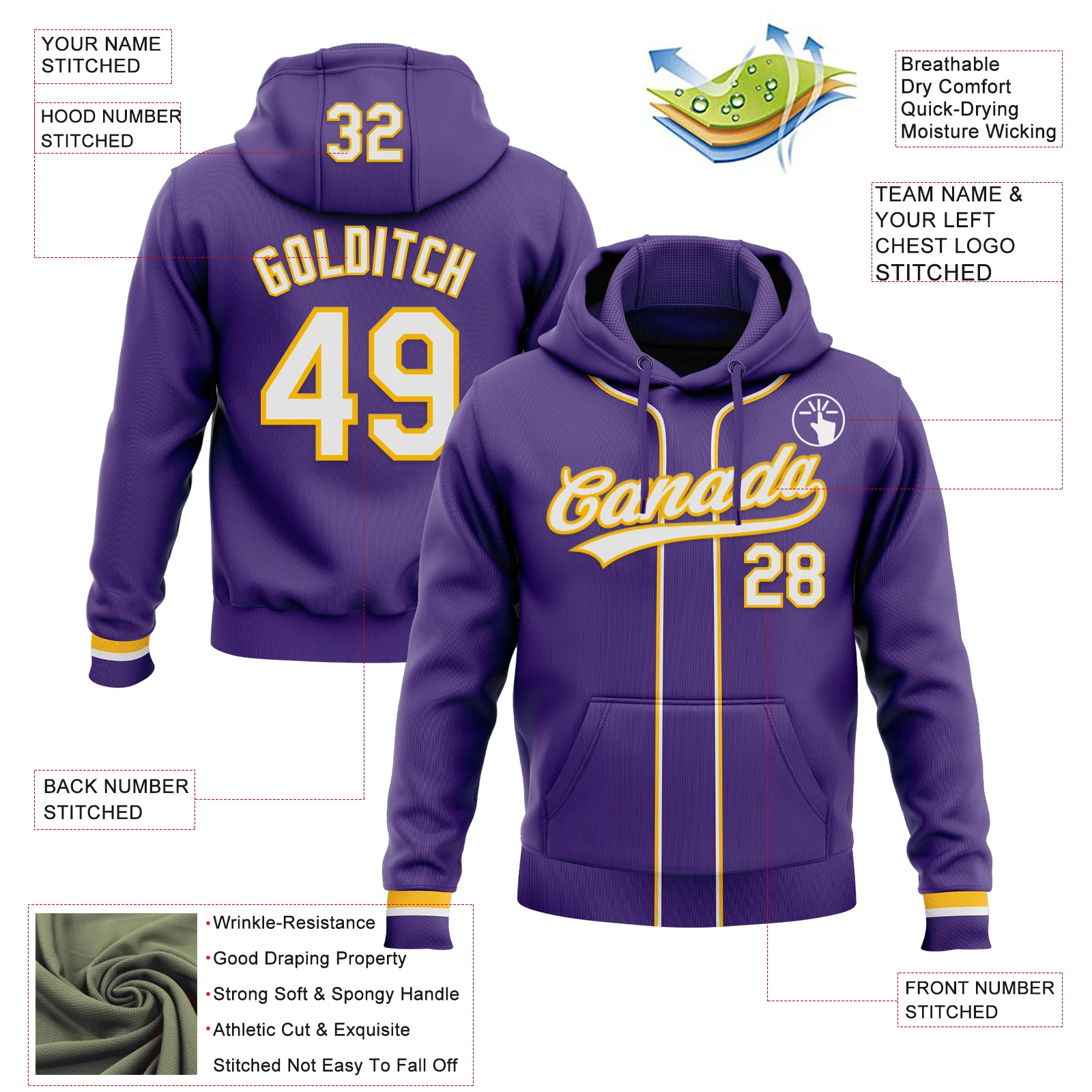 Custom Stitched Purple White-Gold Baseball Pullover Sweatshirt Hoodie - Image 2