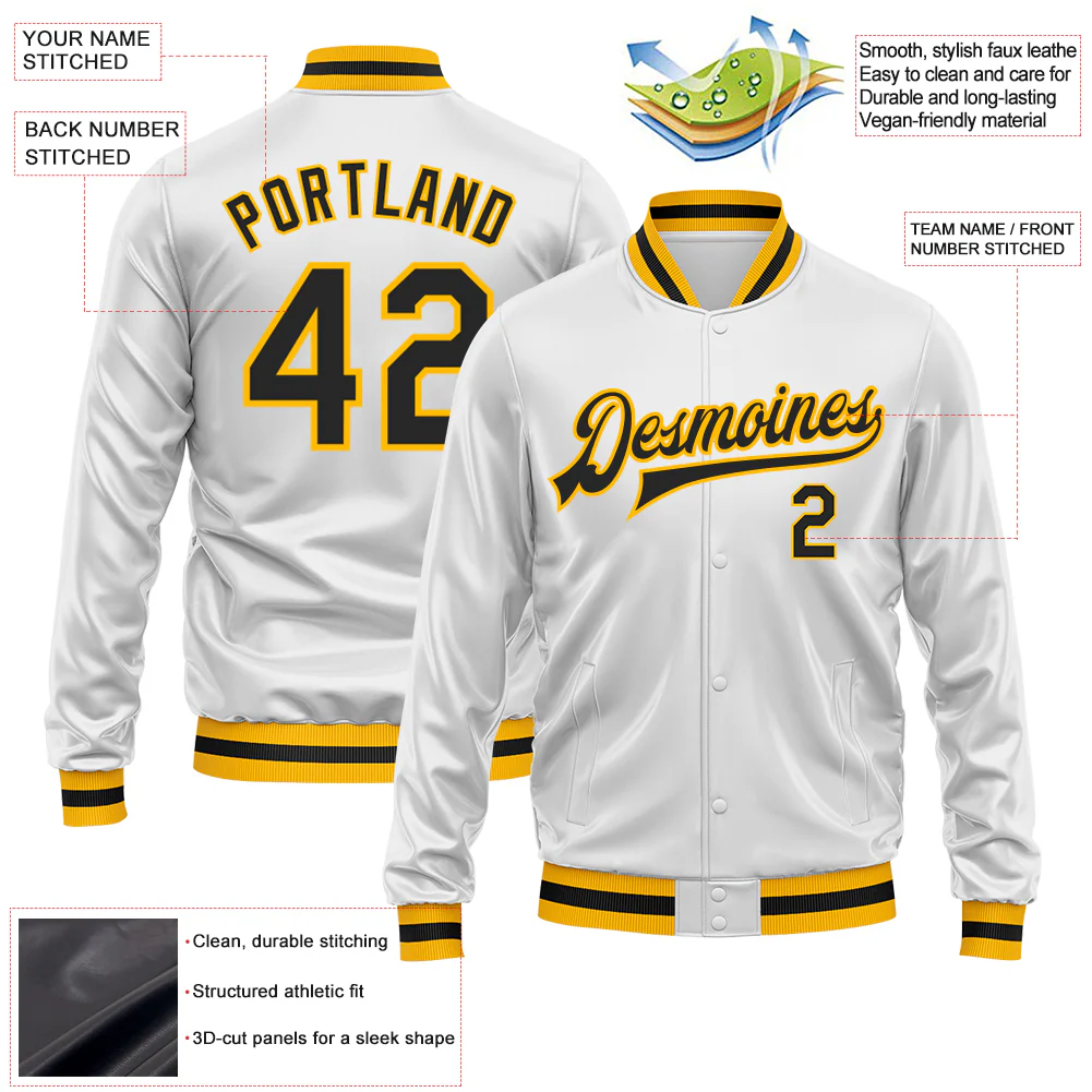 Custom White Black-Gold Bomber Full-Snap Varsity Faux Leather Letterman Jacket - Image 2