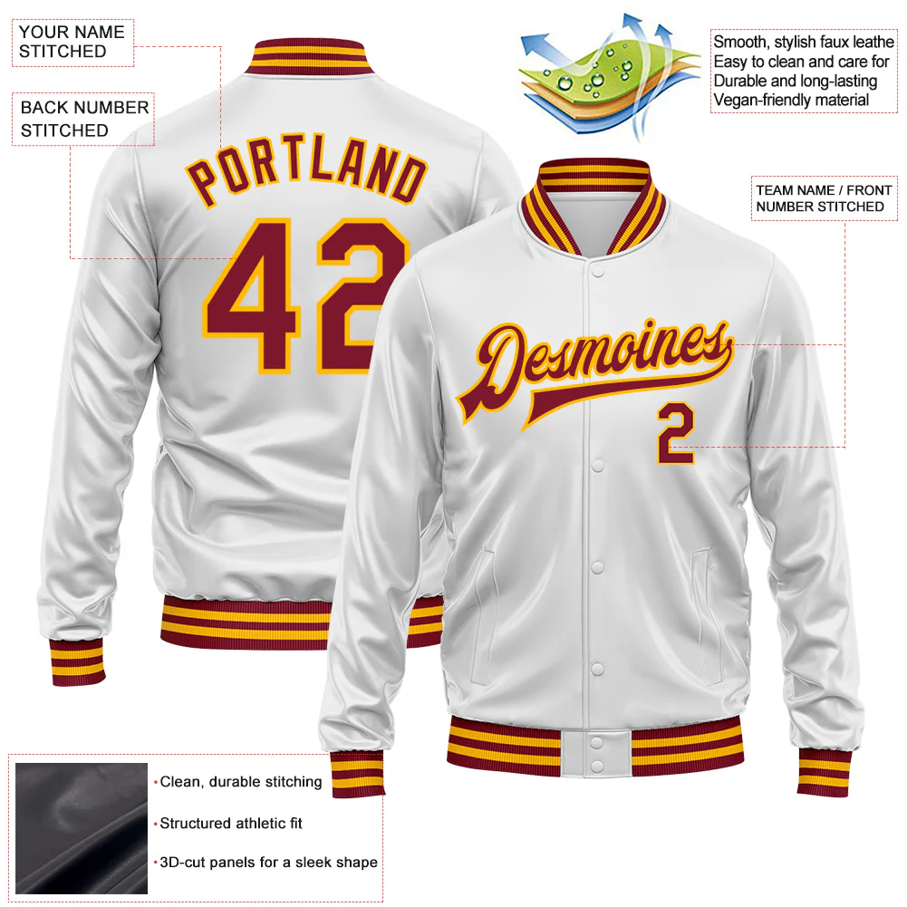 Custom White Crimson-Gold Bomber Full-Snap Varsity Faux Leather Letterman Jacket - Image 2