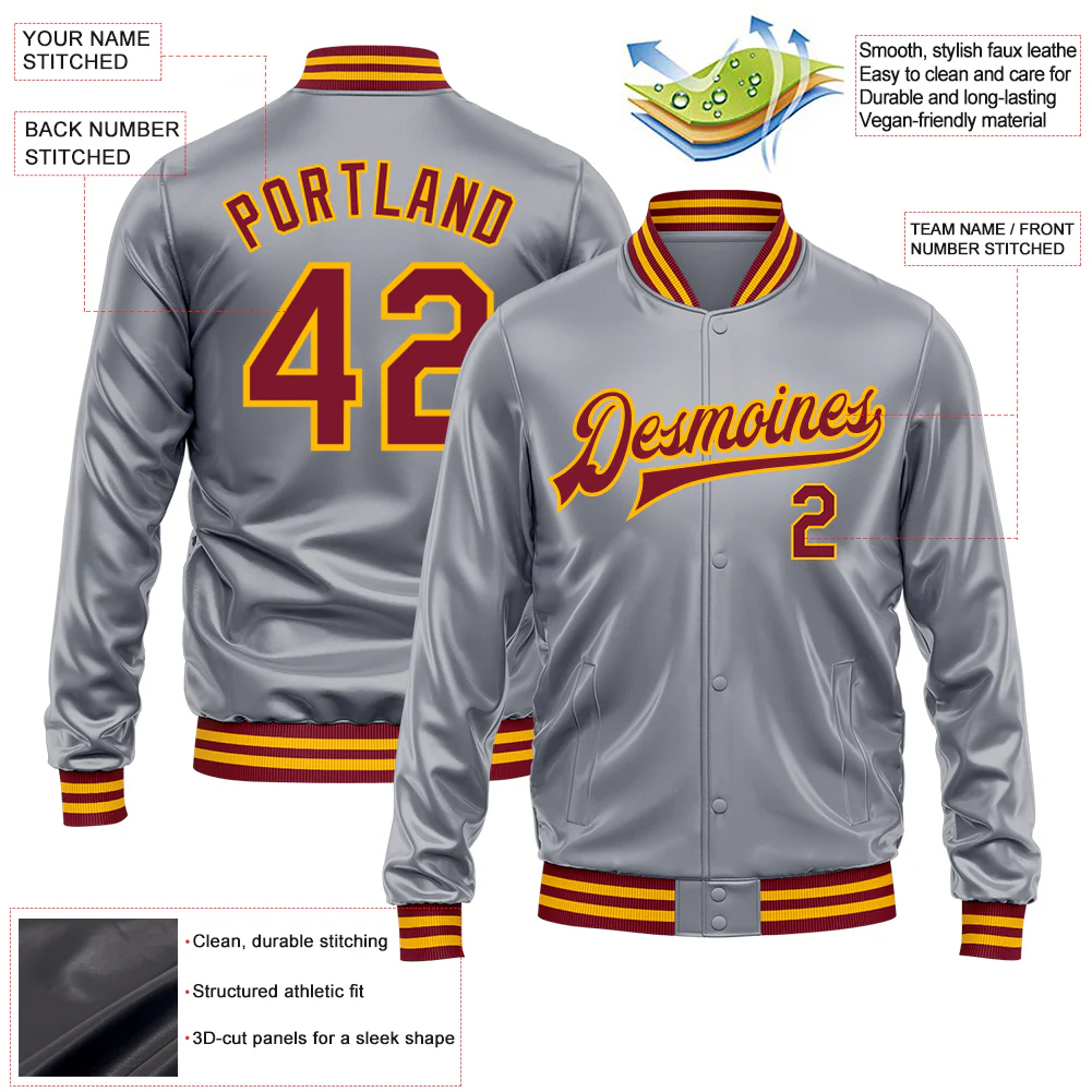 Custom Gray Crimson-Gold Bomber Full-Snap Varsity Faux Leather Letterman Jacket - Image 2