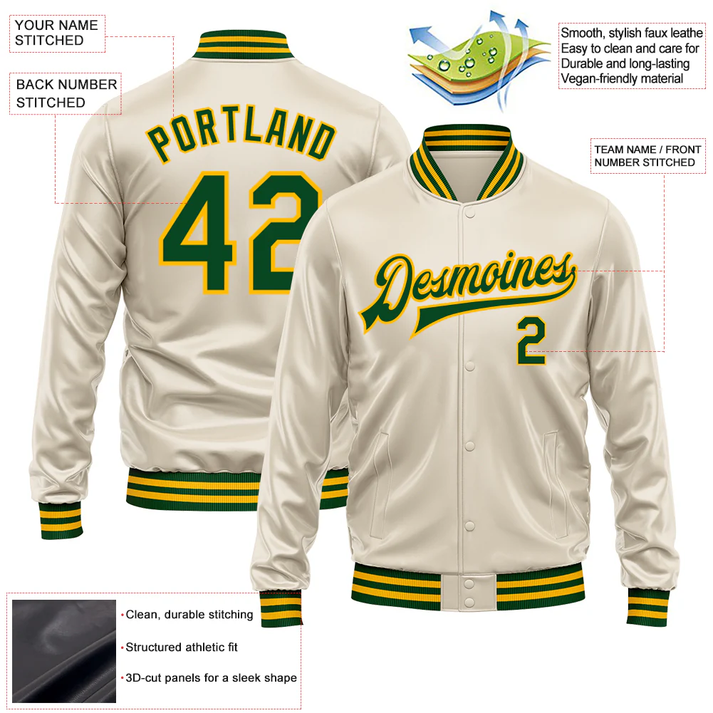 Custom Cream Green-Gold Bomber Full-Snap Varsity Faux Leather Letterman Jacket - Image 2