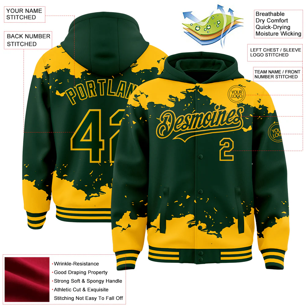 Custom Green Gold Splash Art 3D Pattern Design Bomber Full-Snap Varsity Letterman Hoodie Jacket - Image 4
