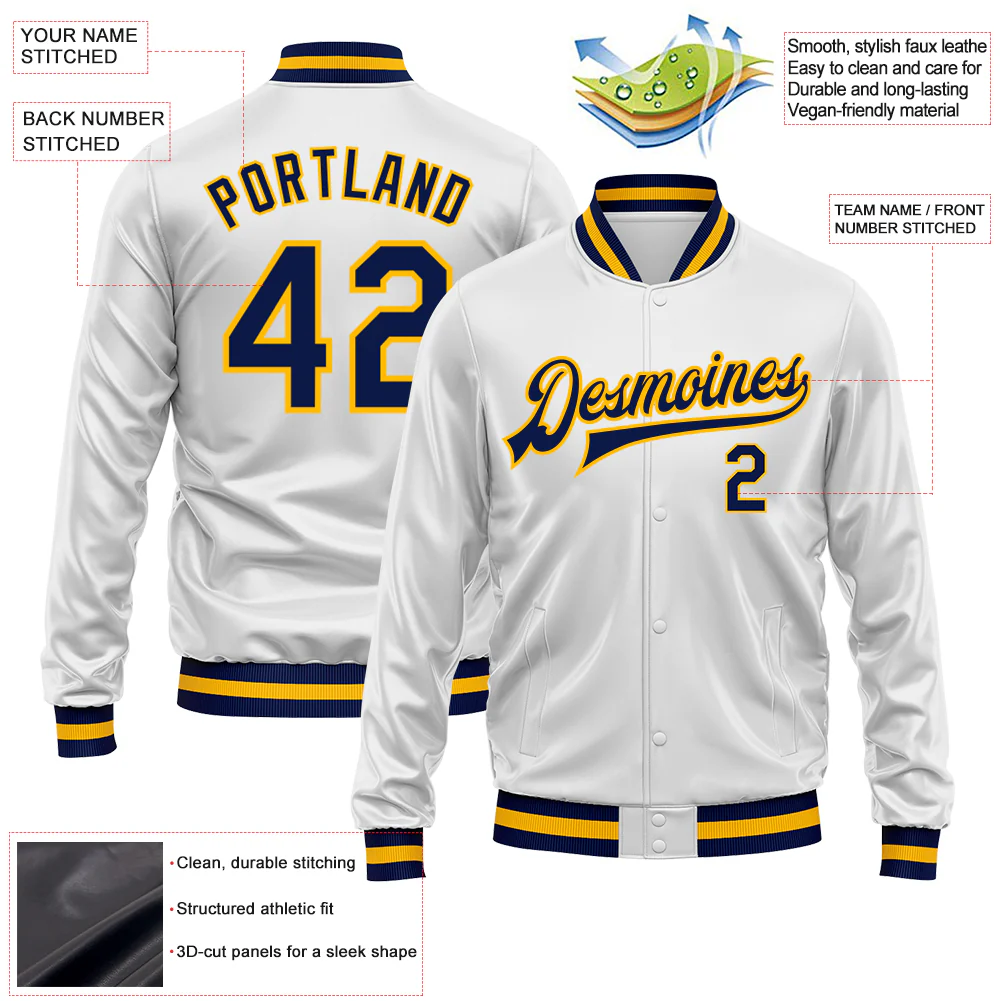 Custom White Navy-Gold Bomber Full-Snap Varsity Faux Leather Letterman Jacket - Image 2