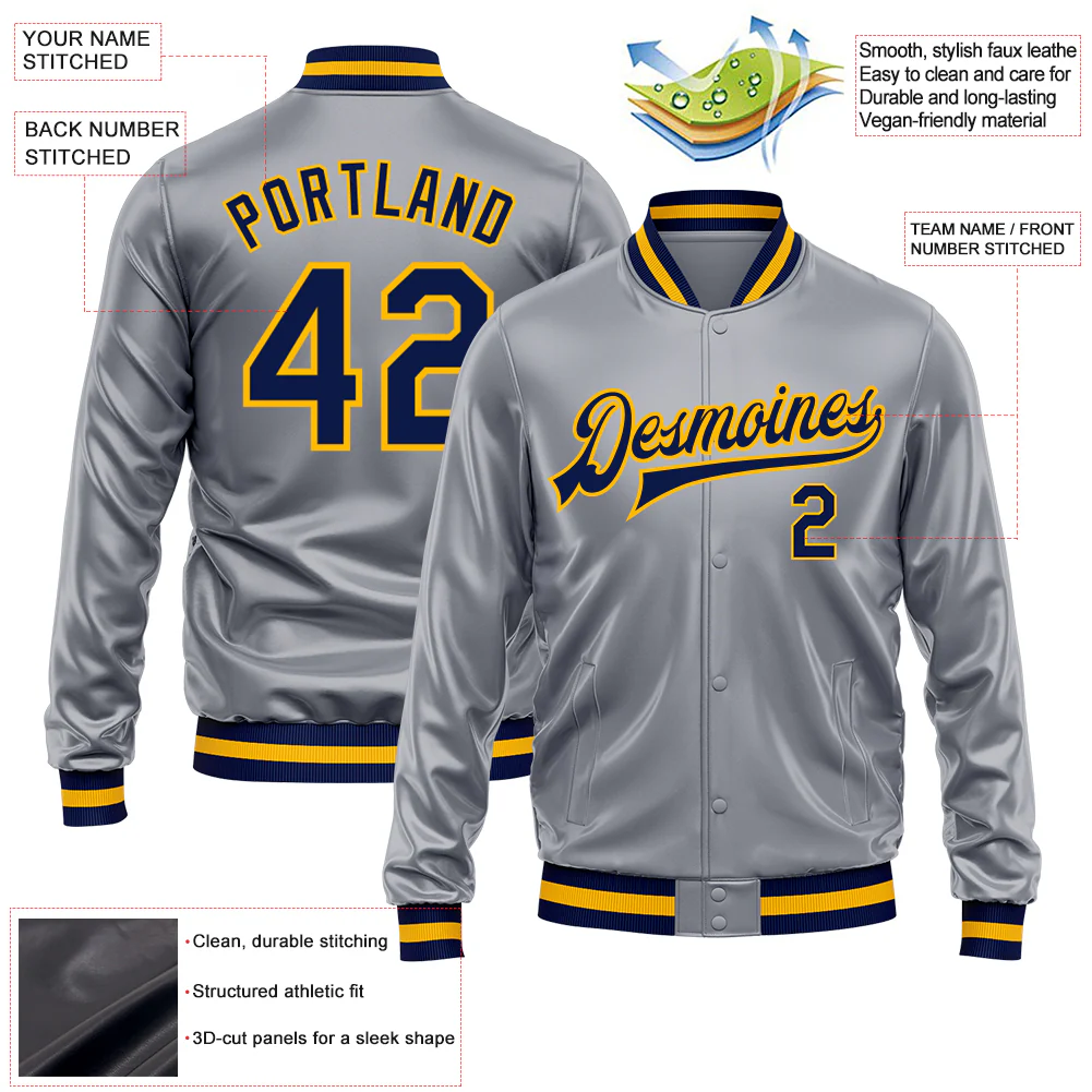 Custom Gray Navy-Gold Bomber Full-Snap Varsity Faux Leather Letterman Jacket - Image 2