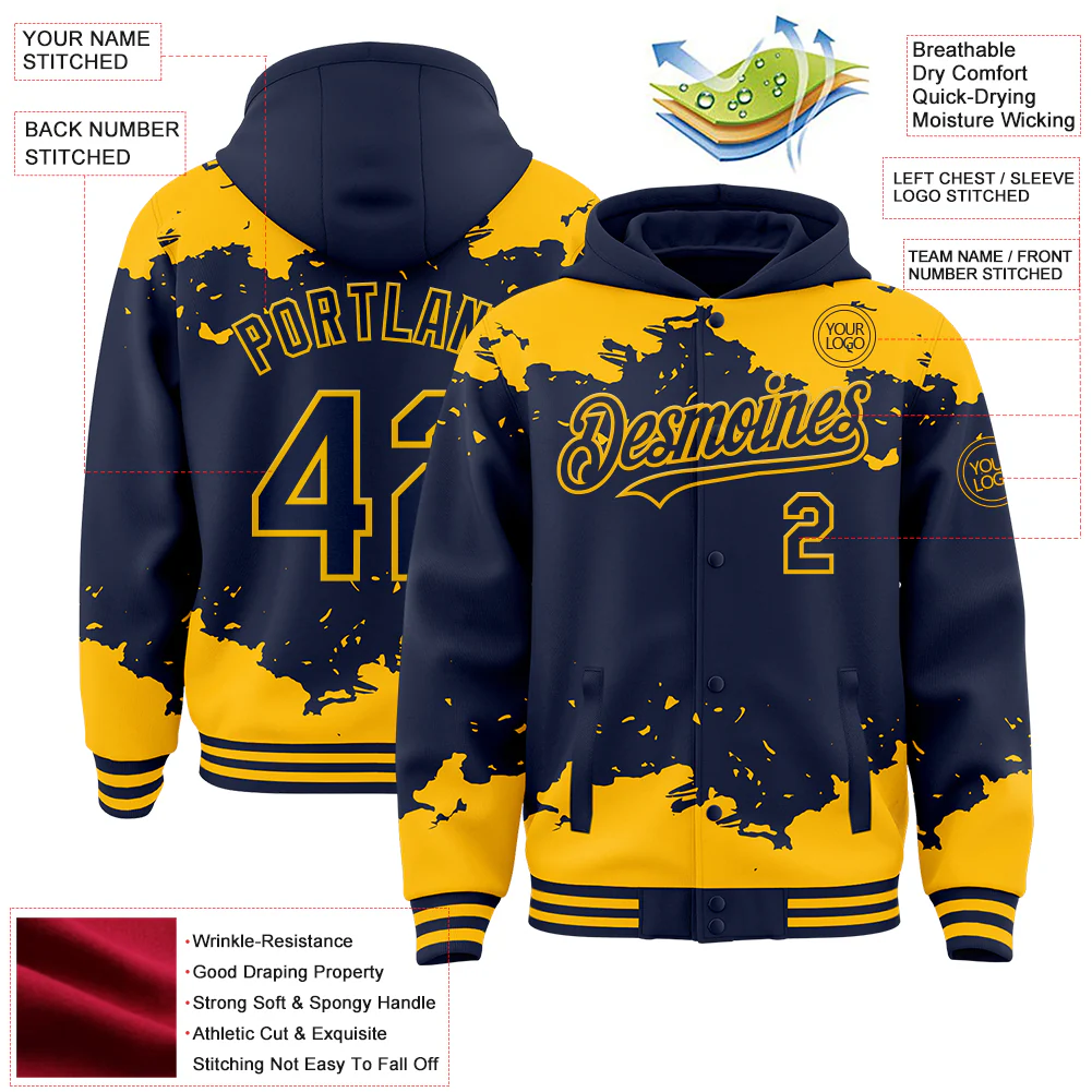Custom Navy Gold Splash Art 3D Pattern Design Bomber Full-Snap Varsity Letterman Hoodie Jacket - Image 4