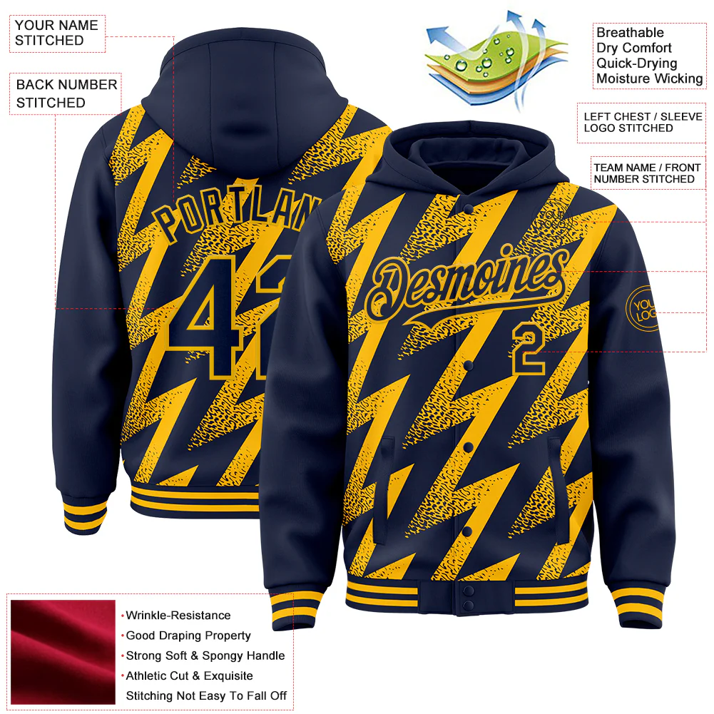 Custom Navy Gold Zigzag Shape 3D Pattern Design Bomber Full-Snap Varsity Letterman Hoodie Jacket - Image 4
