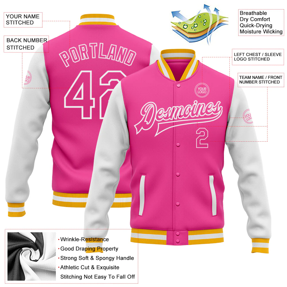 Custom Pink Gold-White Bomber Full-Snap Varsity Letterman Two Tone Jacket - Image 4