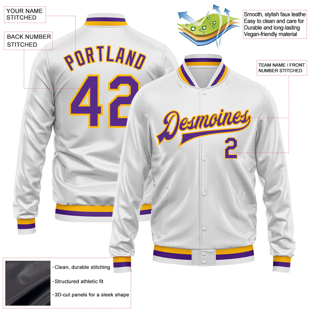 Custom White Purple-Gold Bomber Full-Snap Varsity Faux Leather Letterman Jacket - Image 2