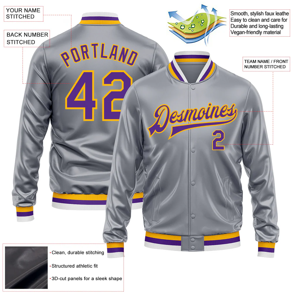 Custom Gray Purple-Gold Bomber Full-Snap Varsity Faux Leather Letterman Jacket - Image 2