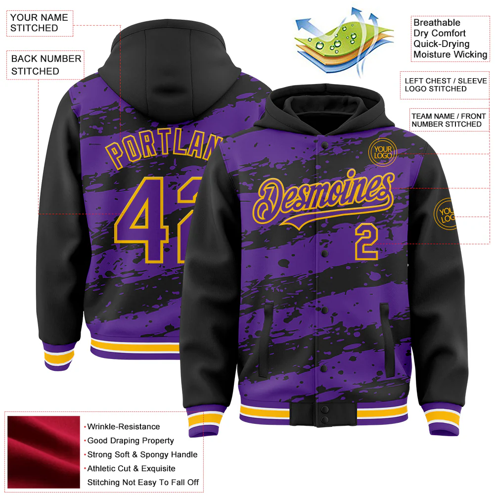 Custom Black Purple-Gold Splash 3D Pattern Design Bomber Full-Snap Varsity Letterman Hoodie Jacket - Image 4
