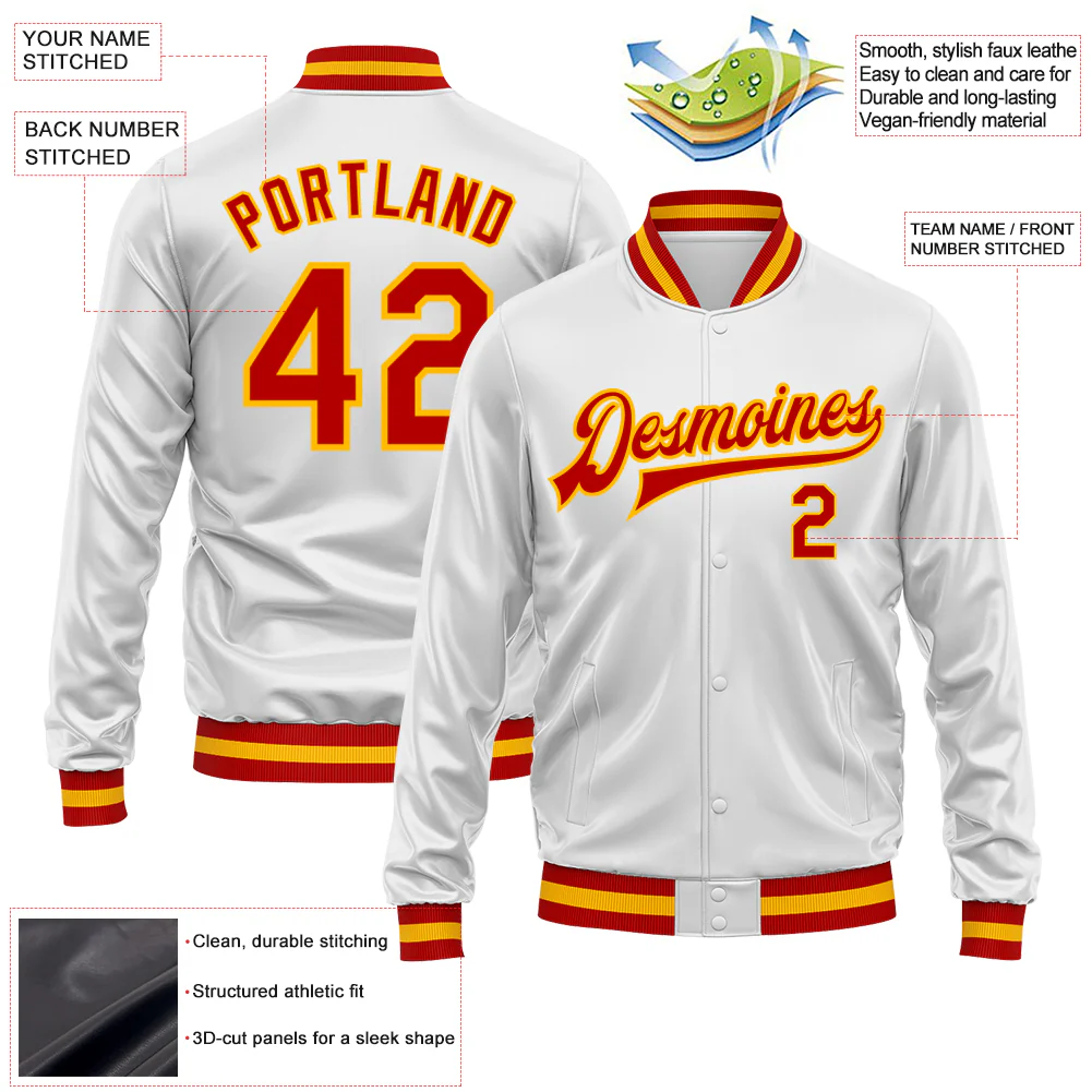 Custom White Red-Gold Bomber Full-Snap Varsity Faux Leather Letterman Jacket - Image 2
