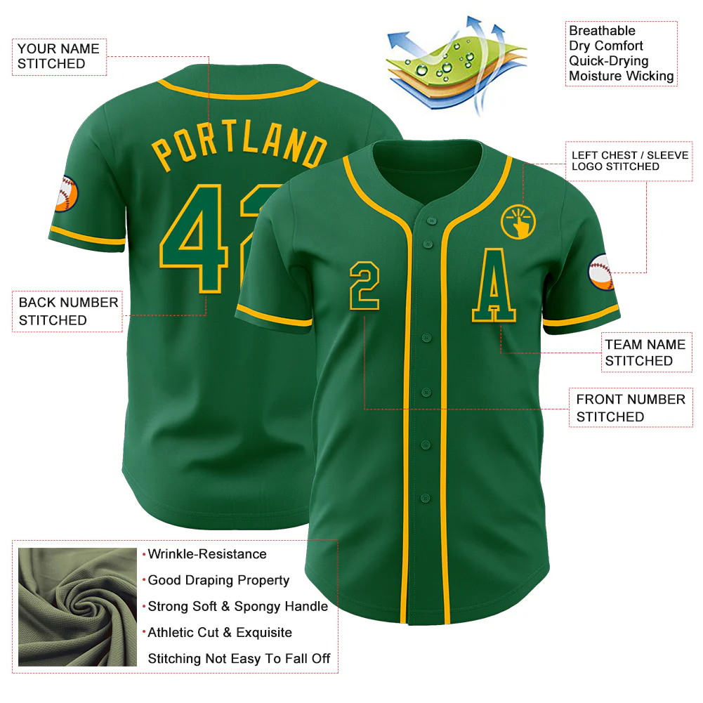 Custom Kelly Green Gold Authentic Baseball Jersey - Image 2
