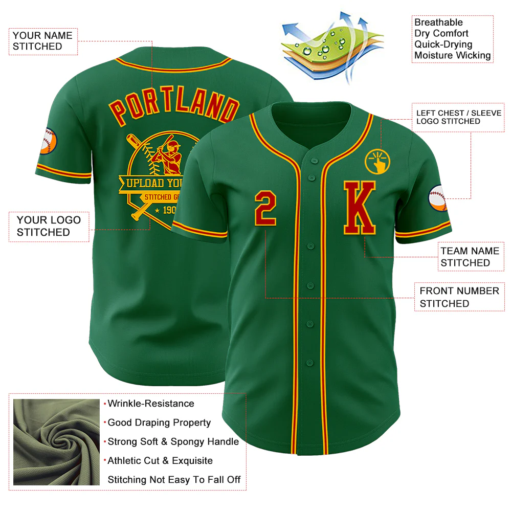 Custom Kelly Green Red-Gold Authentic Baseball Jersey - Image 6