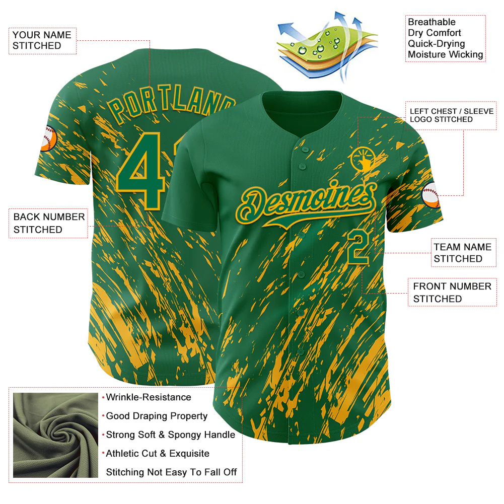 Custom Kelly Green Gold Paint Stroke Grunge Streak Authentic Baseball Jersey - Image 3