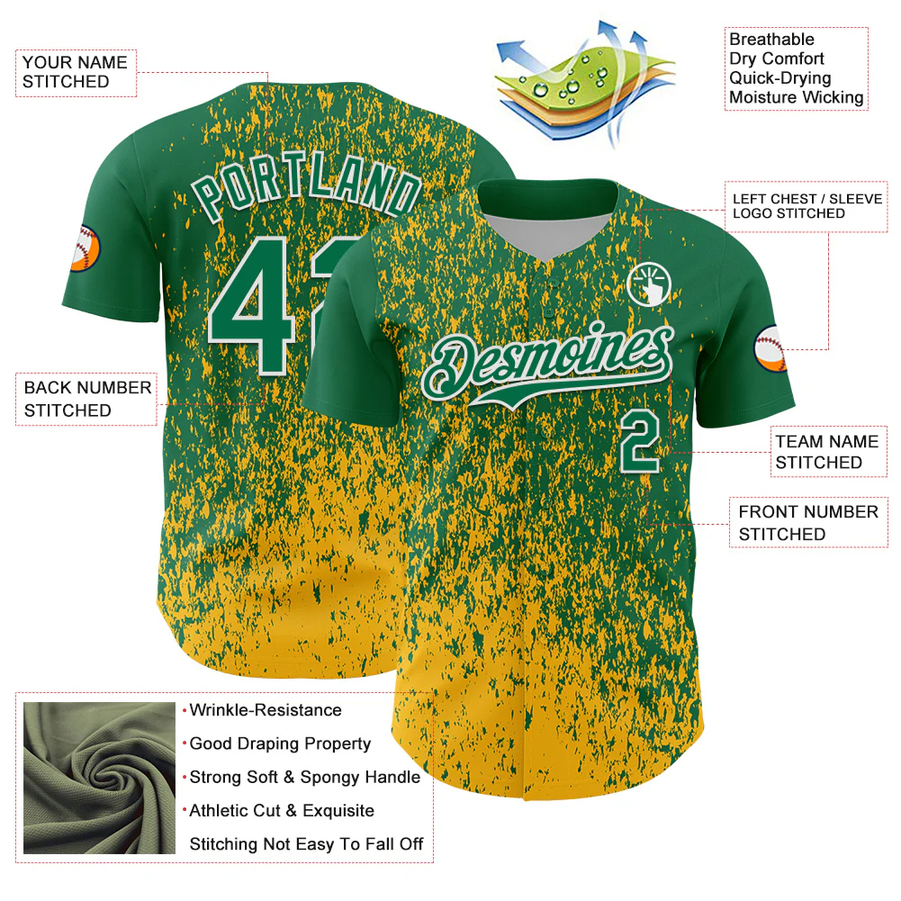 Custom Kelly Green Gold-White Abstract Fragment Splatter Authentic Baseball Jersey - Image 3