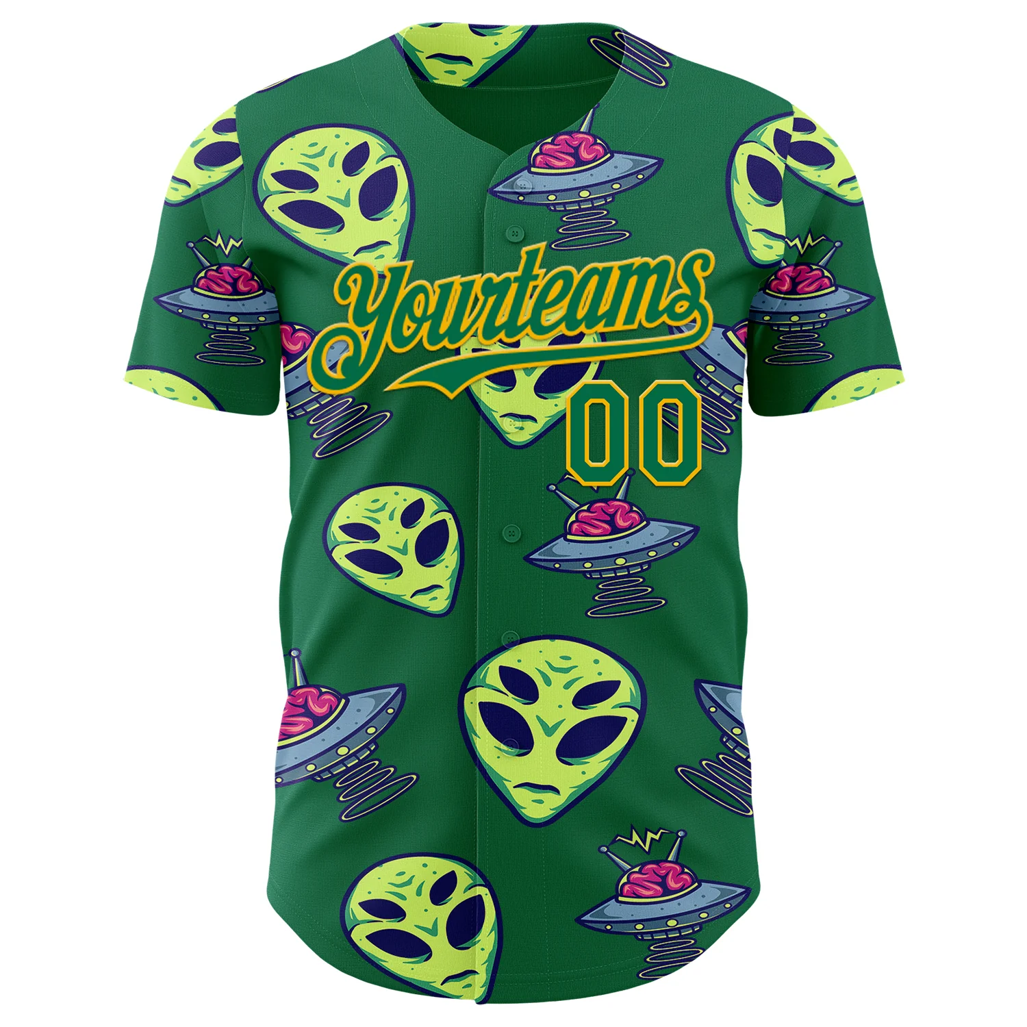 Custom Kelly Green Gold Alien UFO Space Authentic Baseball Jersey - Image 2