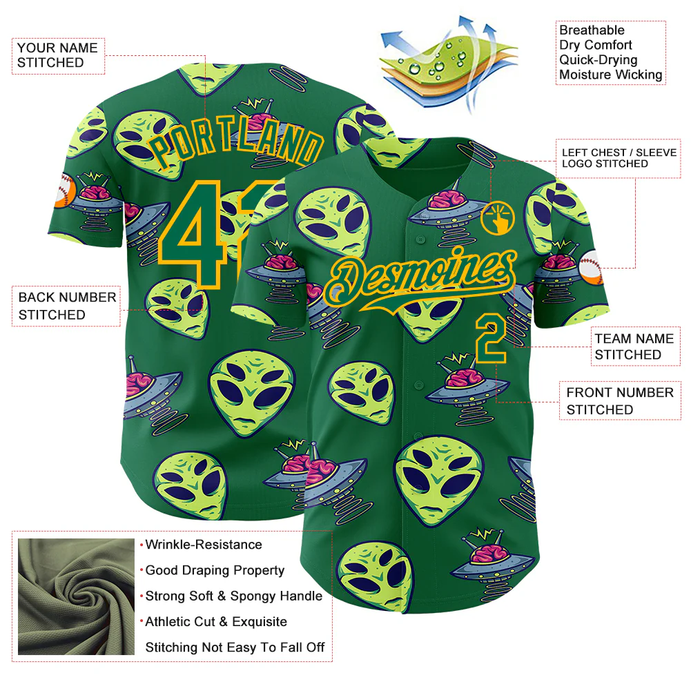 Custom Kelly Green Gold Alien UFO Space Authentic Baseball Jersey - Image 3