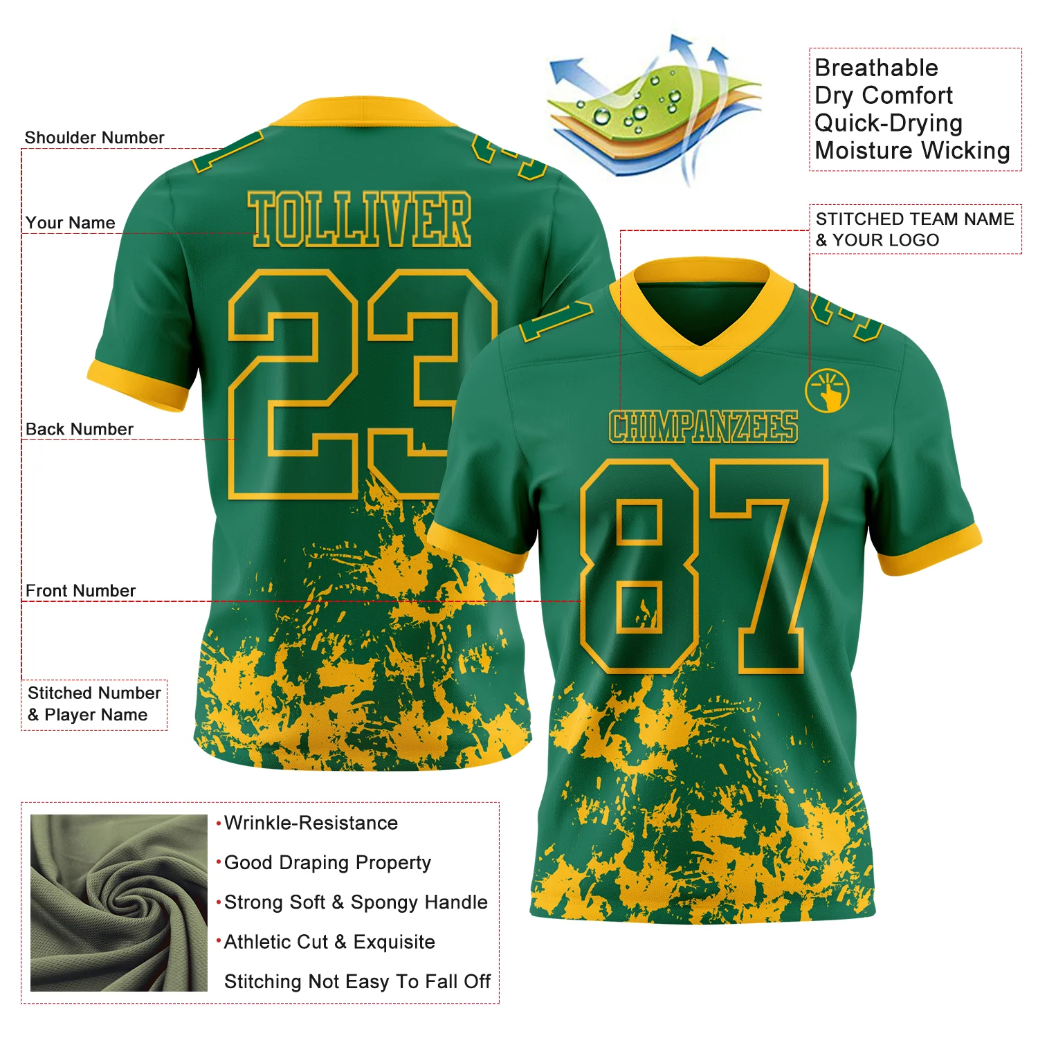 Custom Kelly Green Gold 3D Pattern Splash Authentic Football Jersey - Image 2