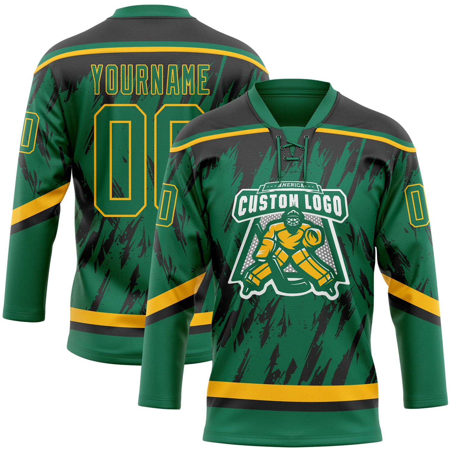 Custom Kelly Green Gold-Black 3D Pattern Splash Art Hockey Lace Neck Jersey - Image 2