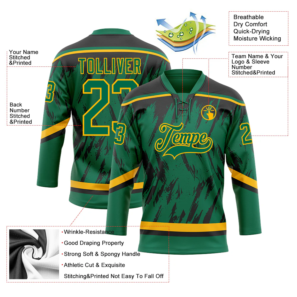 Custom Kelly Green Gold-Black 3D Pattern Splash Art Hockey Lace Neck Jersey - Image 3