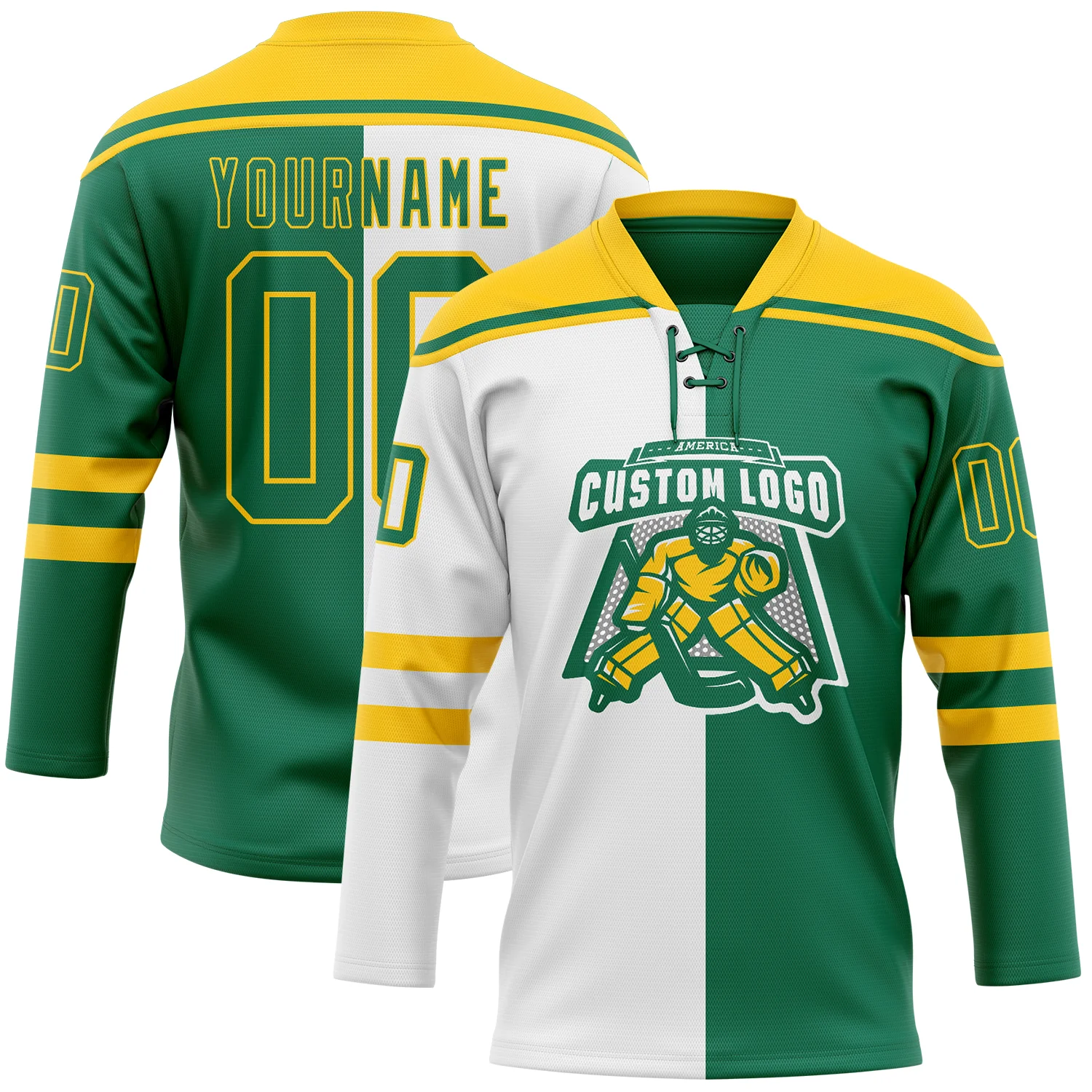 Custom Kelly Green Gold-White Split Fashion Hockey Lace Neck Jersey - Image 2