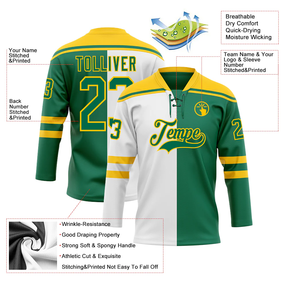 Custom Kelly Green Gold-White Split Fashion Hockey Lace Neck Jersey - Image 5
