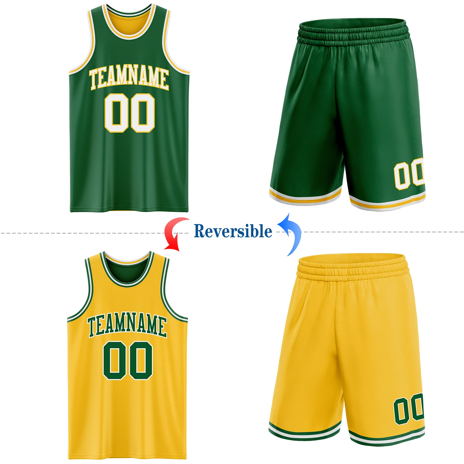 Custom Reversible Kelly Green White-Gold Double Side Sublimation Basketball Suit Jersey - Image 2