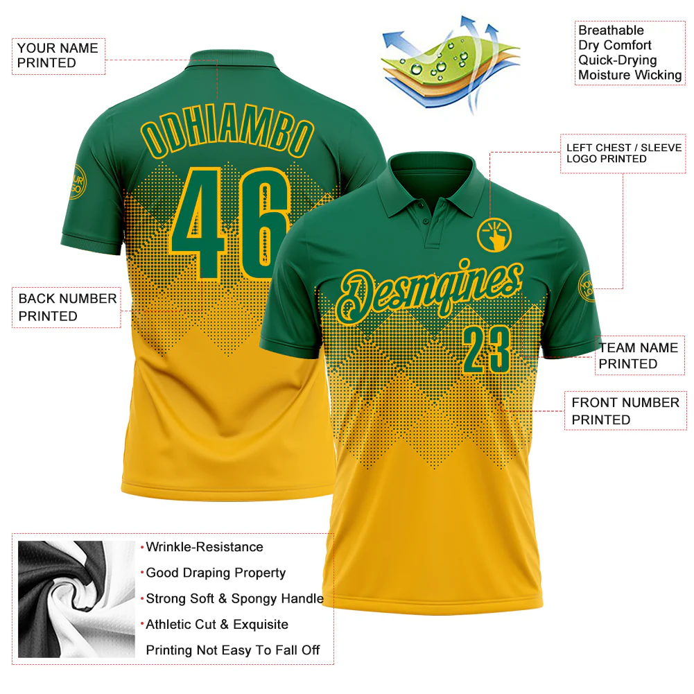 Custom Kelly Green Gold 3D Gradient Square Shape Performance Polo Shirt - Image 3