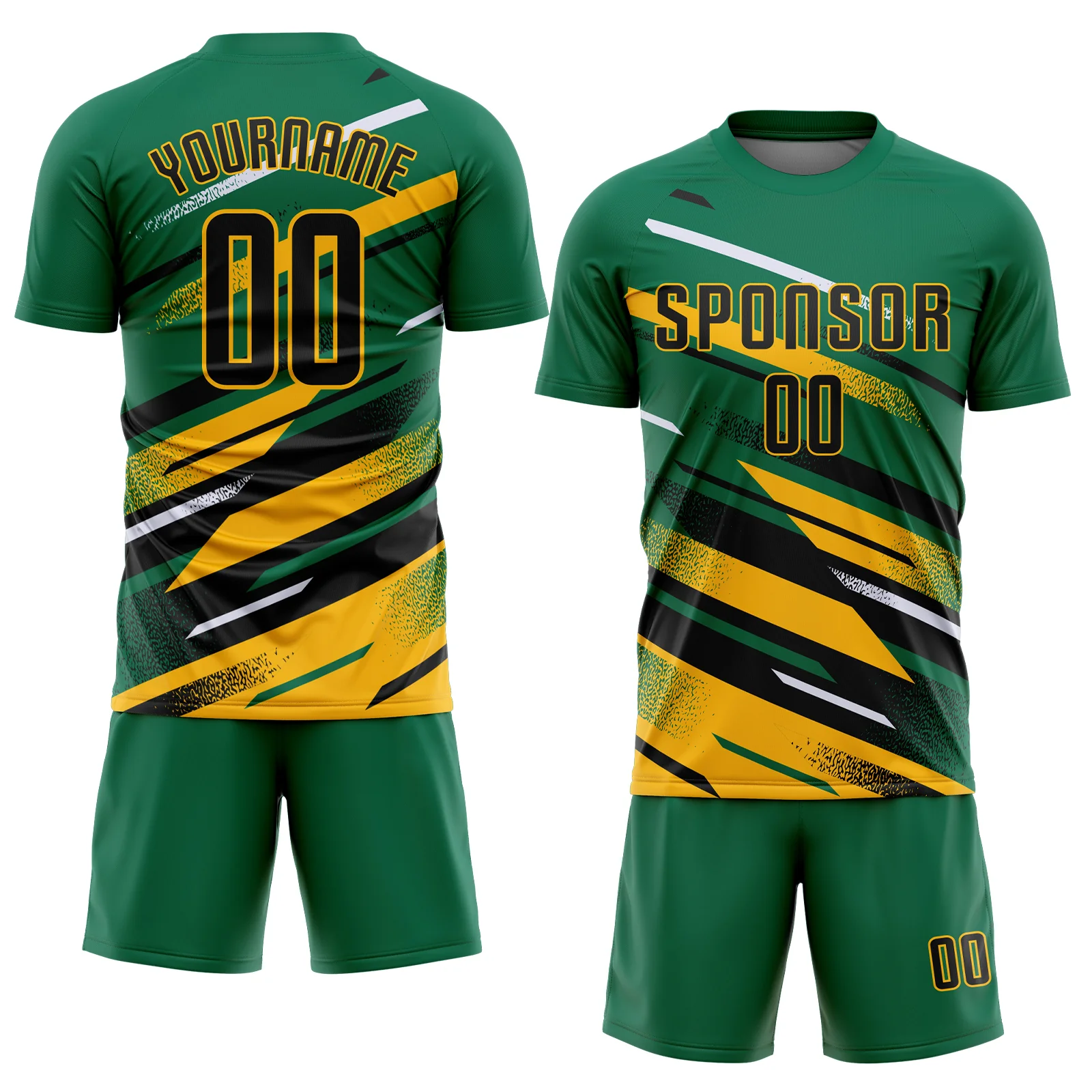 Custom Kelly Green Black Gold-White Grunge Stripe And Grainy Sports Sublimation Soccer Uniform Jersey - Image 2