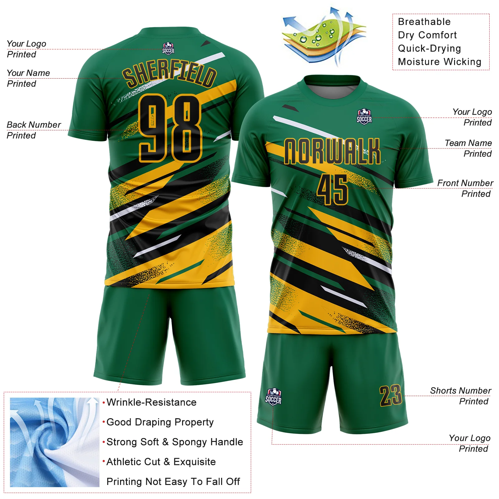 Custom Kelly Green Black Gold-White Grunge Stripe And Grainy Sports Sublimation Soccer Uniform Jersey - Image 4