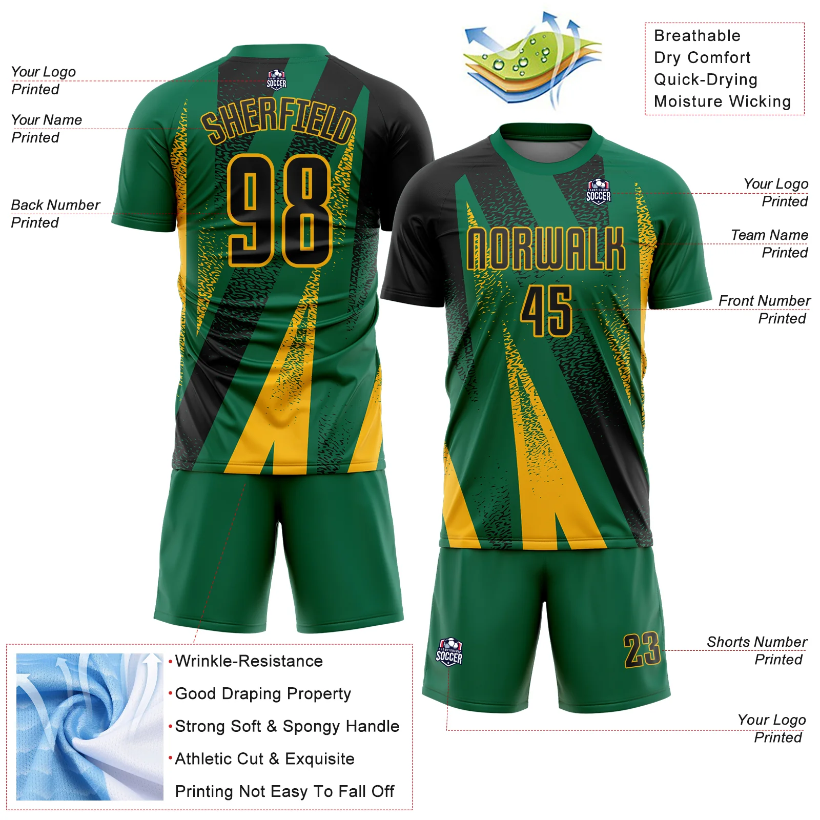 Custom Kelly Green Black-Gold Radial Burst Sports Sublimation Soccer Uniform Jersey - Image 4