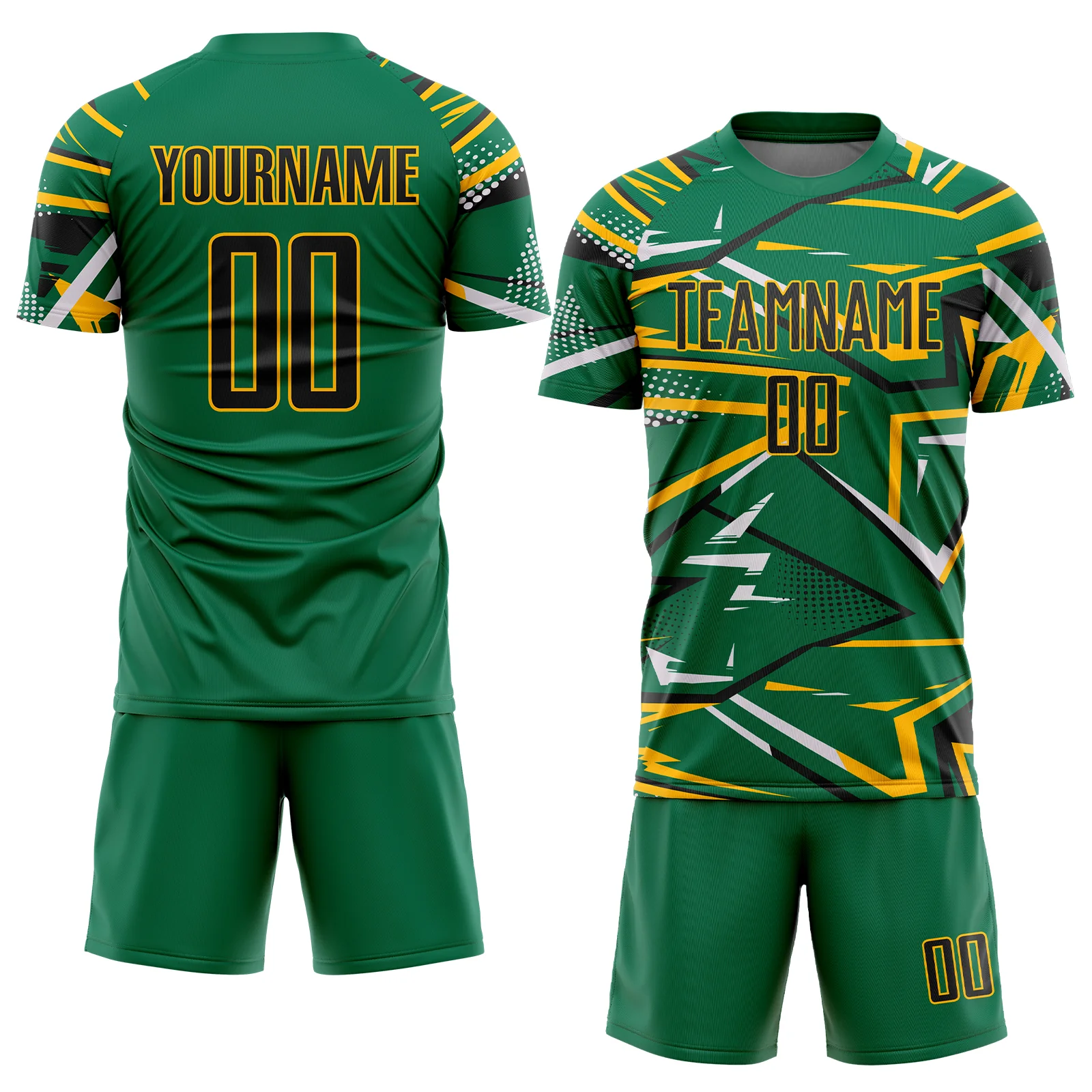 Custom Kelly Green Black Gold-White Abstract Geometric Stripes Sports Sublimation Soccer Uniform Jersey - Image 2