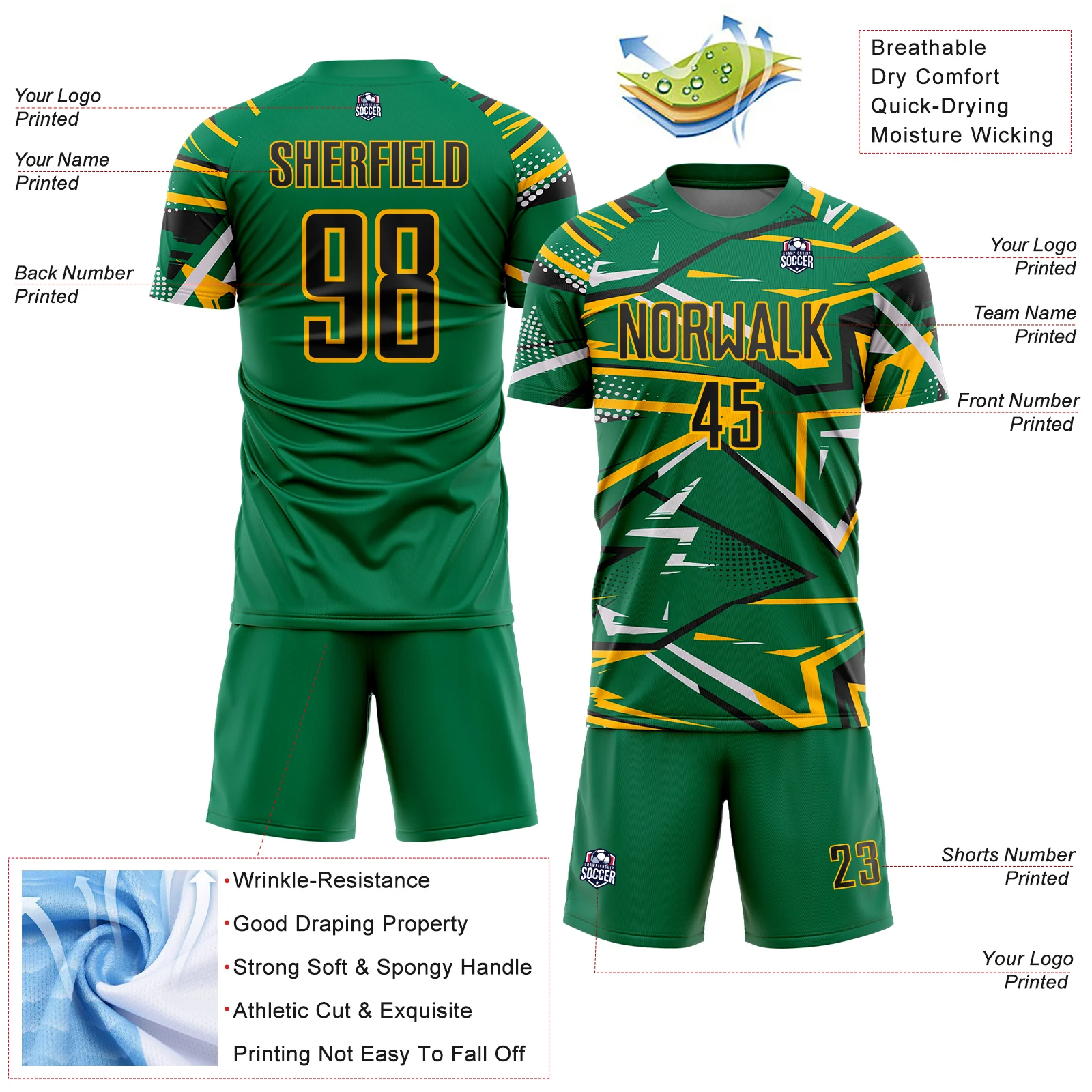 Custom Kelly Green Black Gold-White Abstract Geometric Stripes Sports Sublimation Soccer Uniform Jersey - Image 4