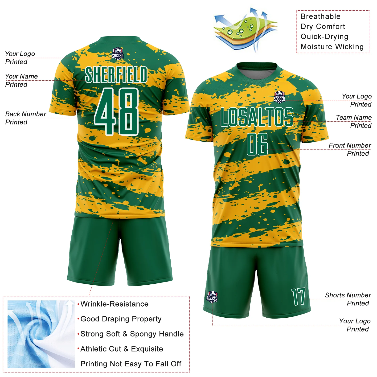 Custom Kelly Green Gold-White Splash Sublimation Soccer Uniform Jersey - Image 4