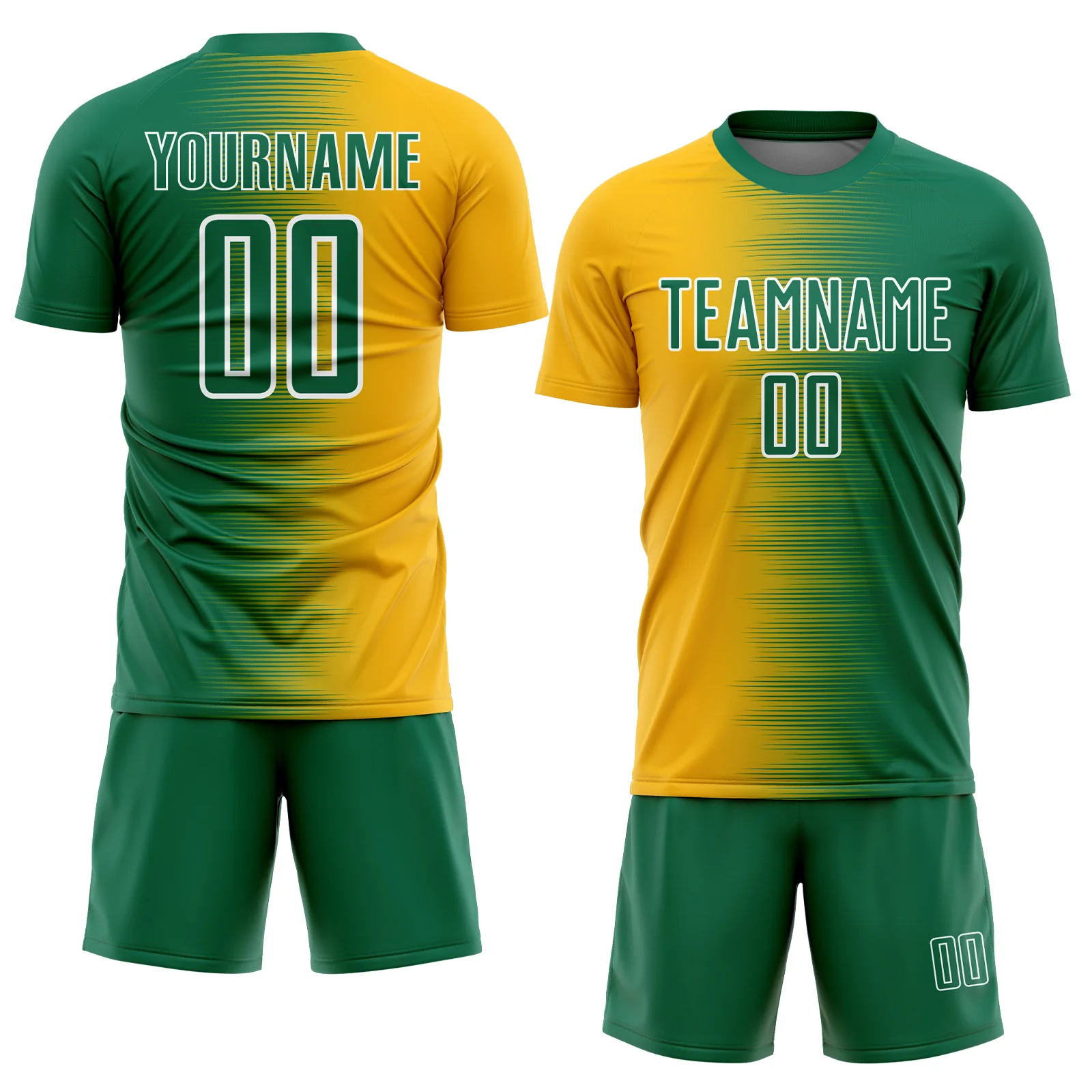 Custom Kelly Green Gold-White Gradient Line Sublimation Soccer Uniform Jersey - Image 2