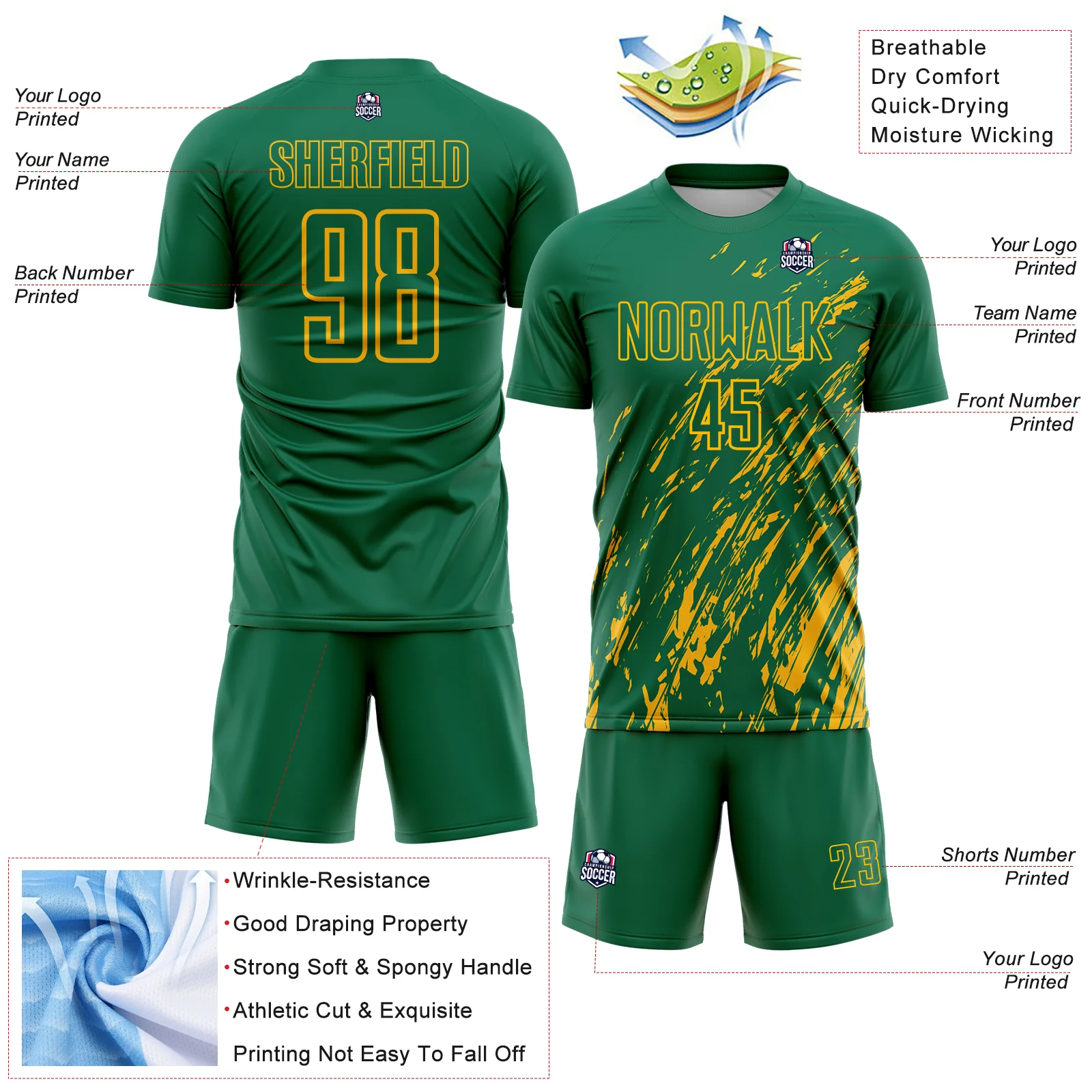 Custom Kelly Green Gold Splash Sublimation Soccer Uniform Jersey - Image 4
