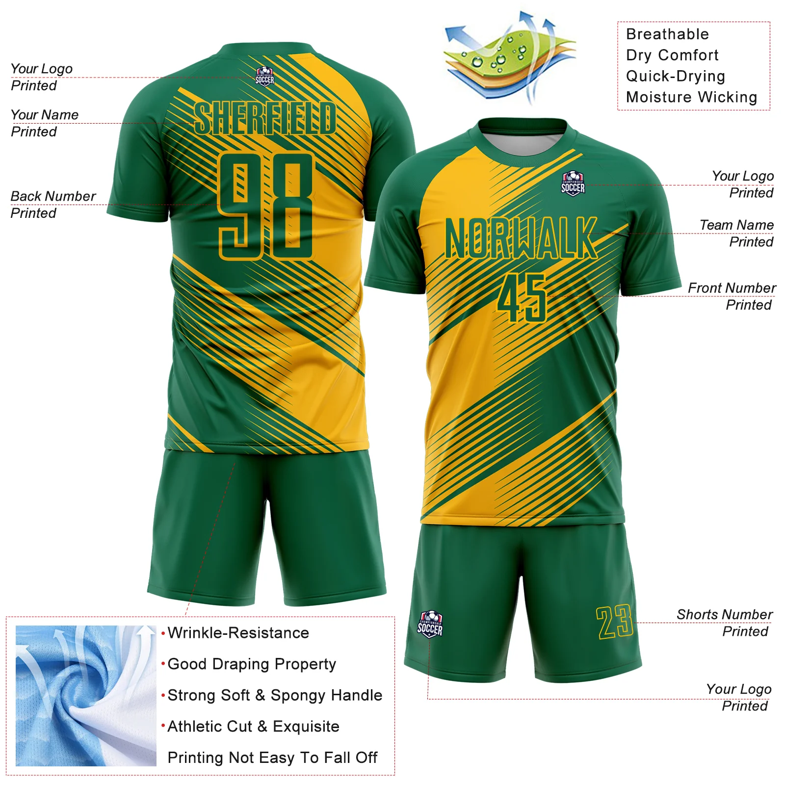Custom Kelly Green Gold Line Sublimation Soccer Uniform Jersey - Image 4