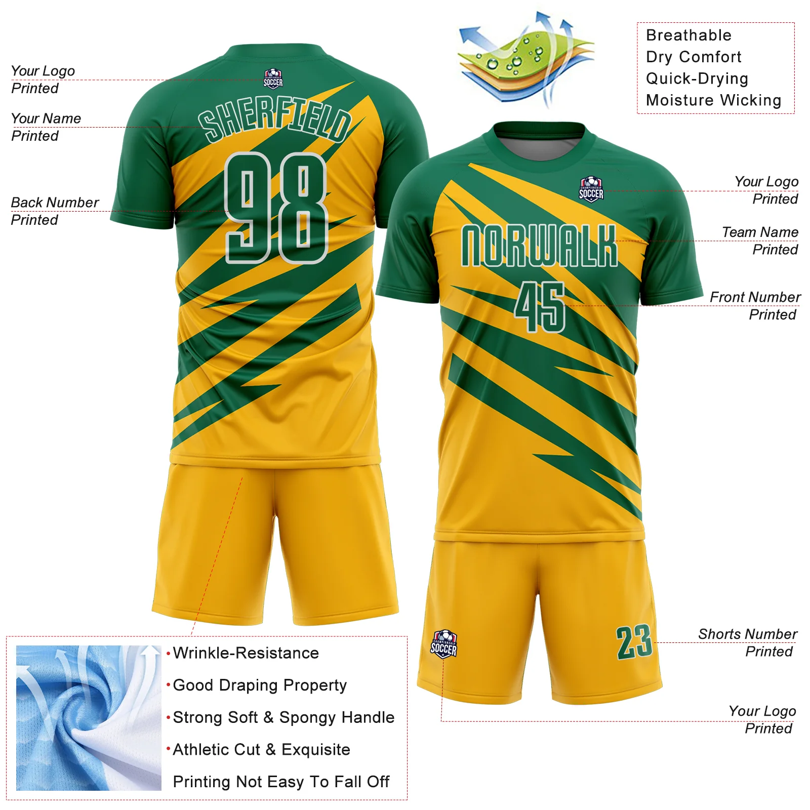 Custom Kelly Green Gold-White Abstract Line Sports Sublimation Soccer Uniform Jersey - Image 4