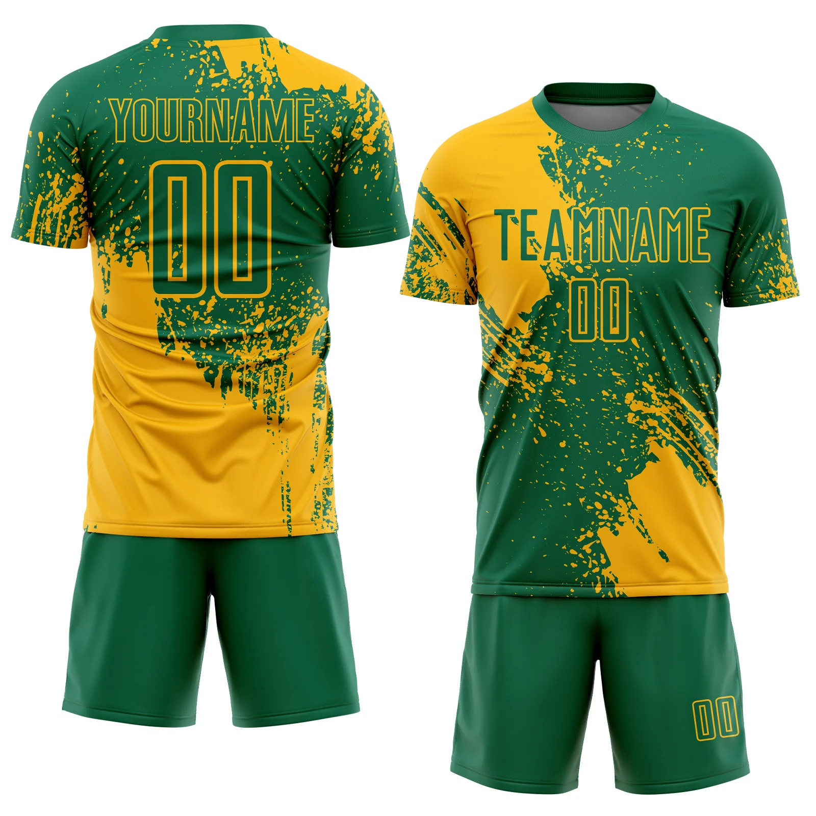 Custom Kelly Green Gold Abstract Brush Stroke Sports Sublimation Soccer Uniform Jersey - Image 2