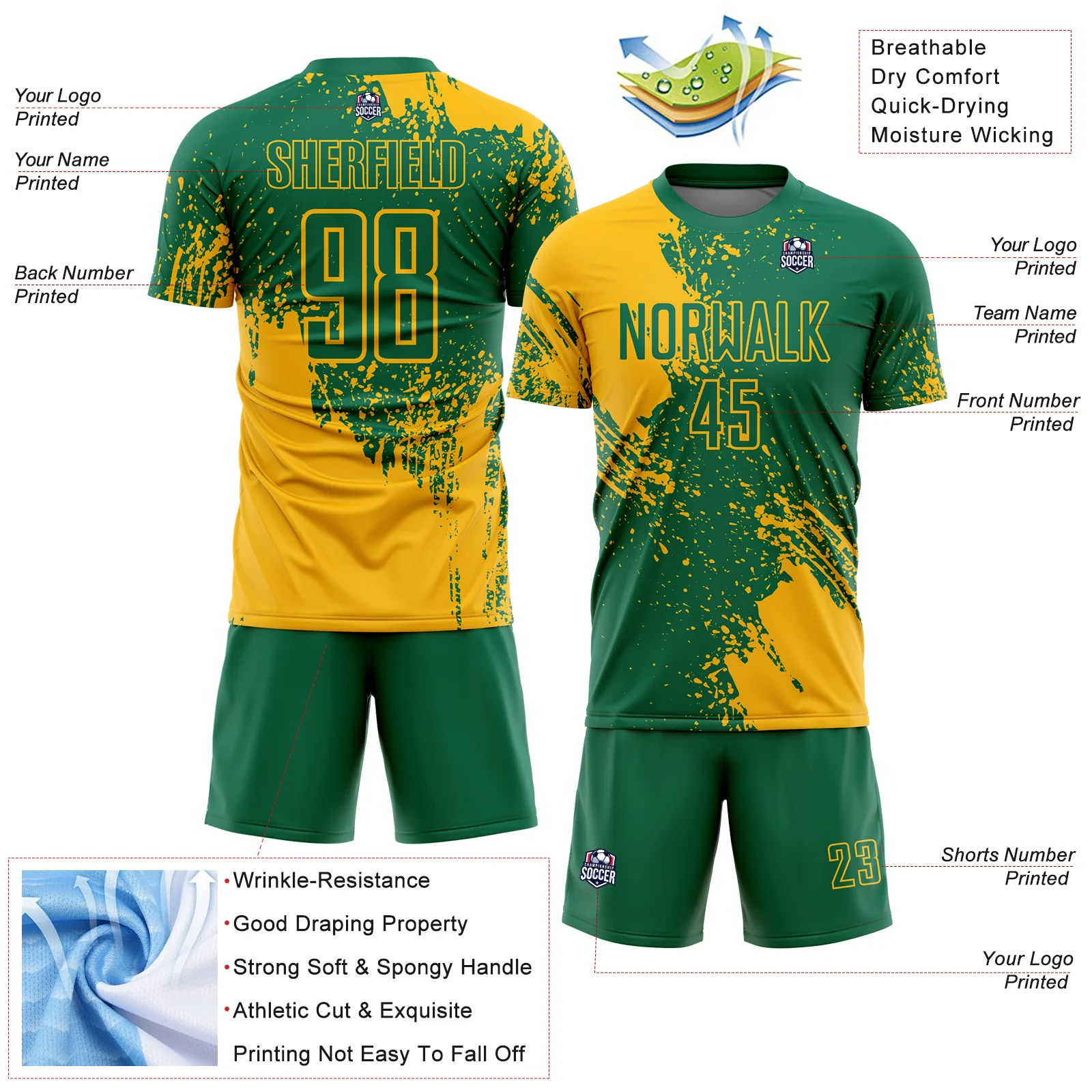 Custom Kelly Green Gold Abstract Brush Stroke Sports Sublimation Soccer Uniform Jersey - Image 4